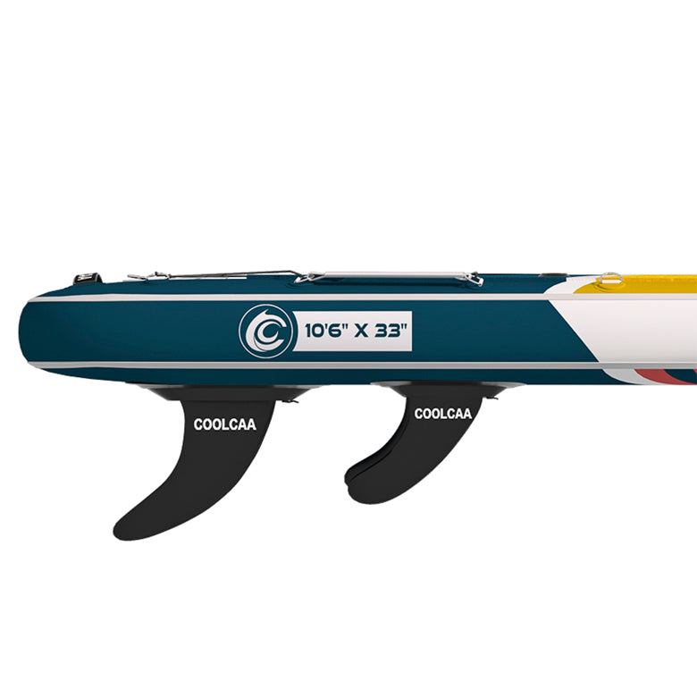 close-up of paddle board's tail fins