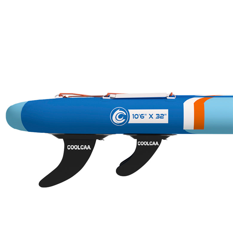 close-up of paddle board's tail fins